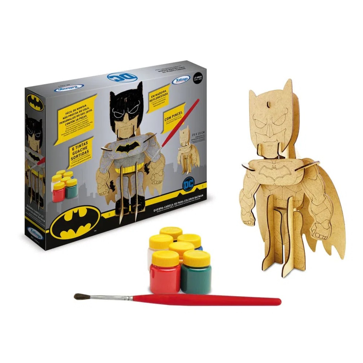 Quebra-Cabeça 3D Boneco Batman MDF Para Colorir 18 Peças Xalingo - 5354.3