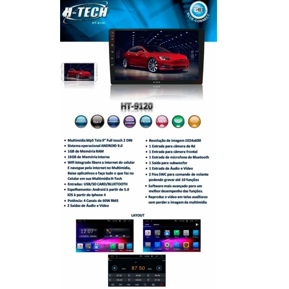 COMP Central multimídia Mp5 Android USB/SD/AUX/BTh 9" H-tech HT-9120 + Câmera Full HD + Chicote Corolla 2007/..