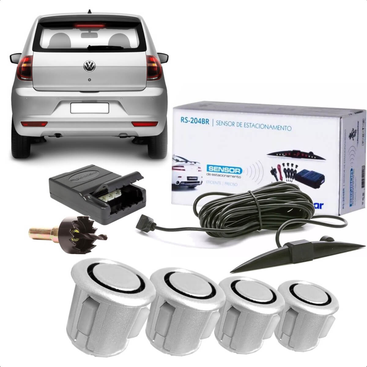 Sensor de Estacionamento Automotivo Carro Ajuste Automático 4 Sensores Prata Roadstar - RS204BR