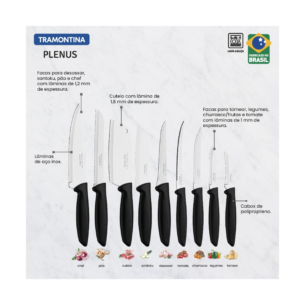 Jogo de Facas Plenus 9 Peças com Lâminas de Aço Inox Cabo Preto Tramontina - 23498048