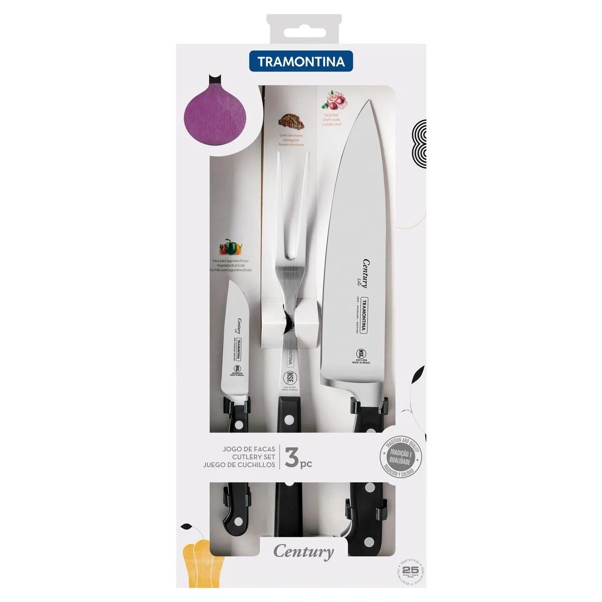 Conjunto de 3 Peças para Churrasco Century Com Garfo e 2 Facas Preto Tramontina - 24099038