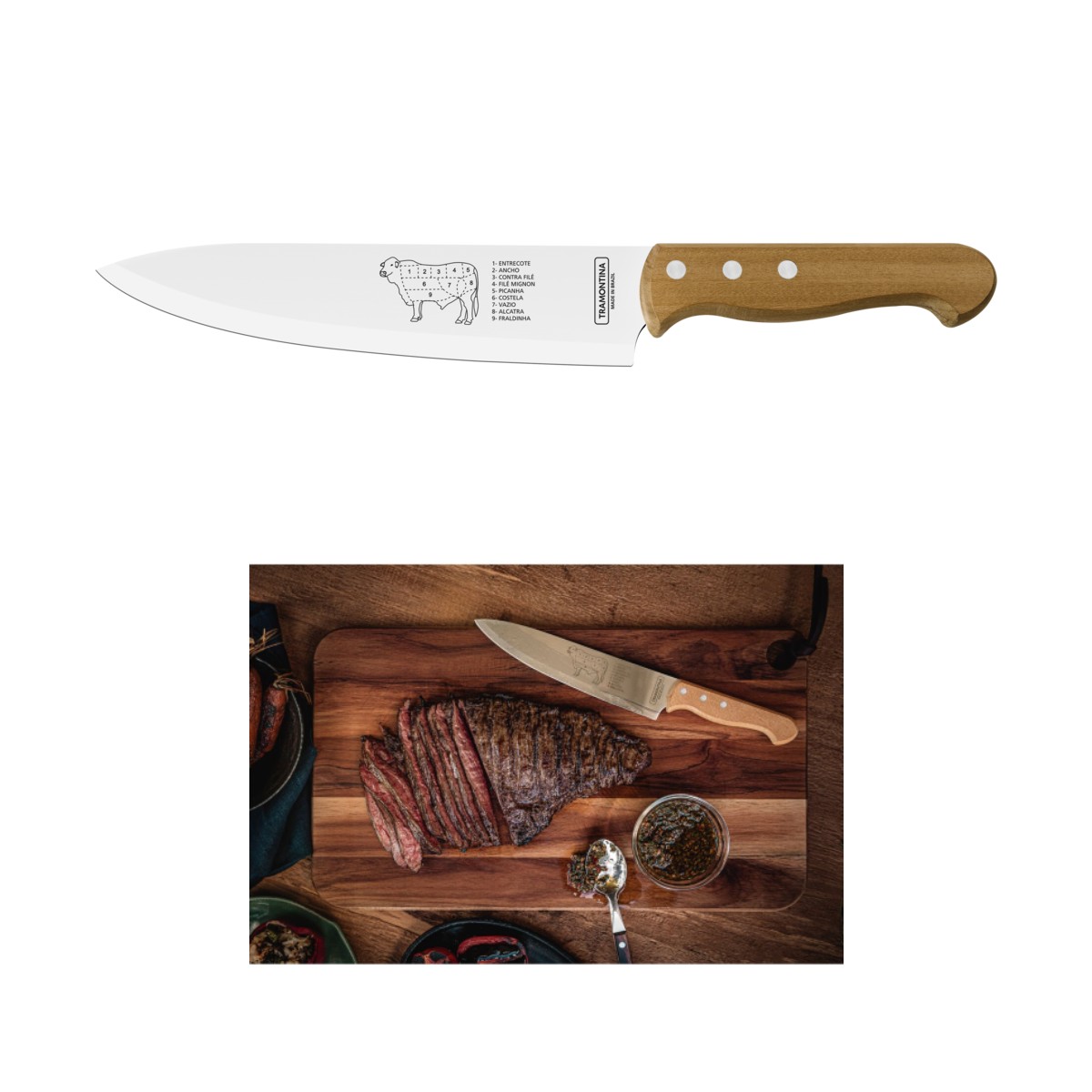 Faca para Carne Com Lâmina de Aço Inox e Cabo de Madeira 8" Tramontina - 22938/108