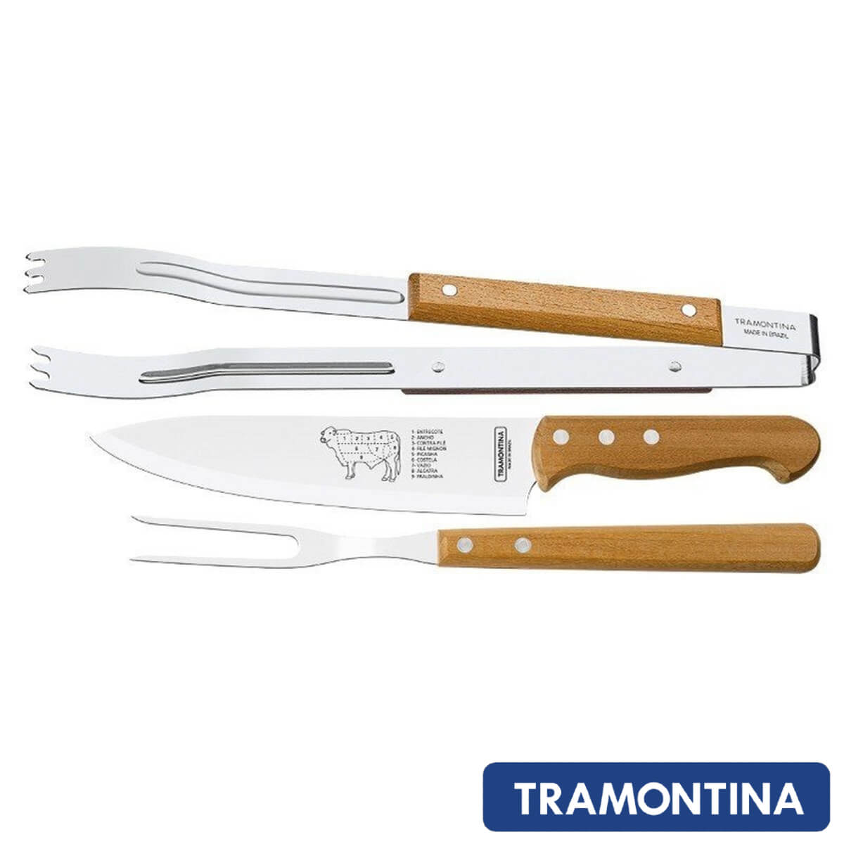 Jogo para Churrasco com 3 Peças com Lâminas em Aço Inox e Cabos de Madeira Tramontina - 22399075