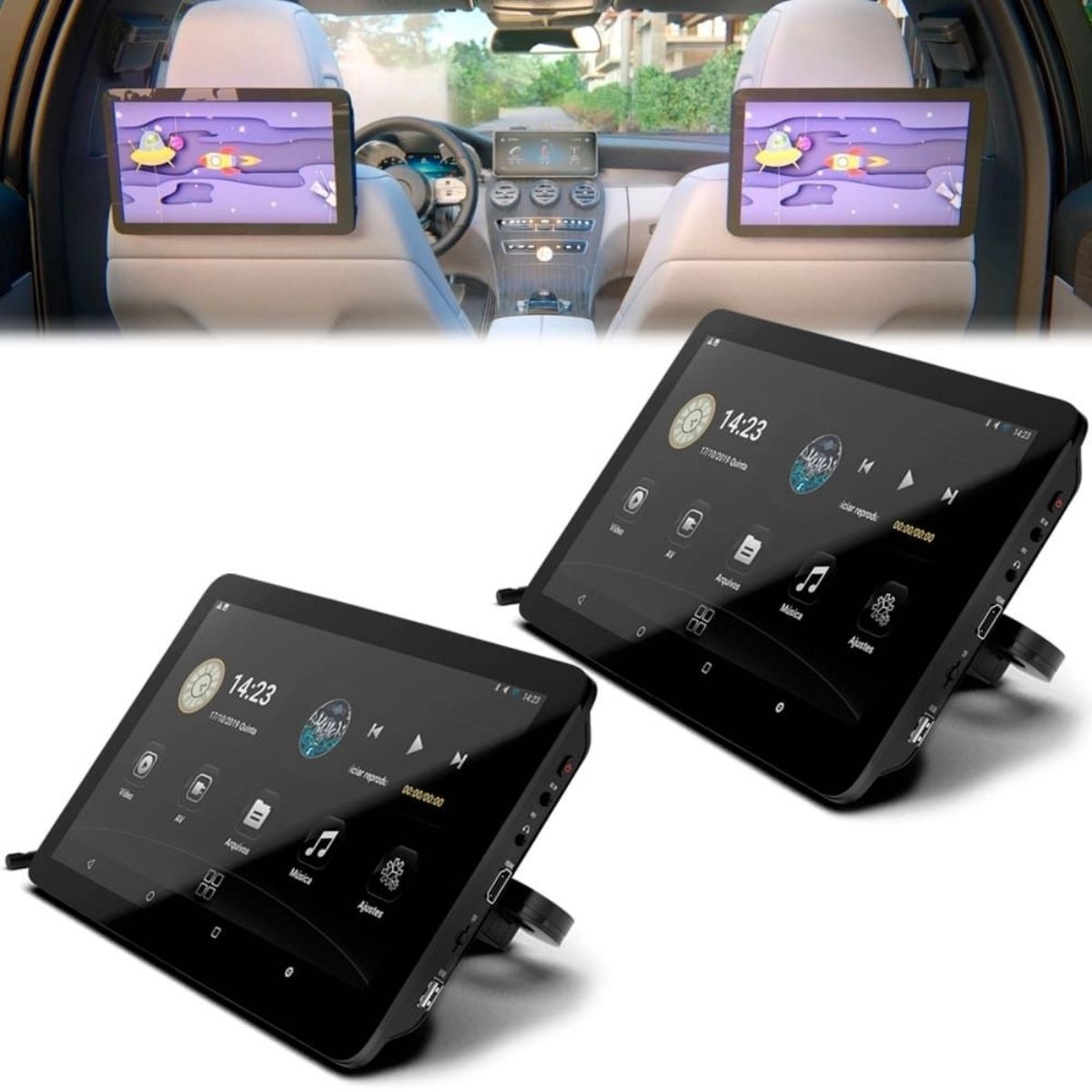 Par de Tela Encosto Acoplar Cabeça Acoplavel 10.8" Full HD Android 10 USB Espelhamento Faaftech FT-RSE