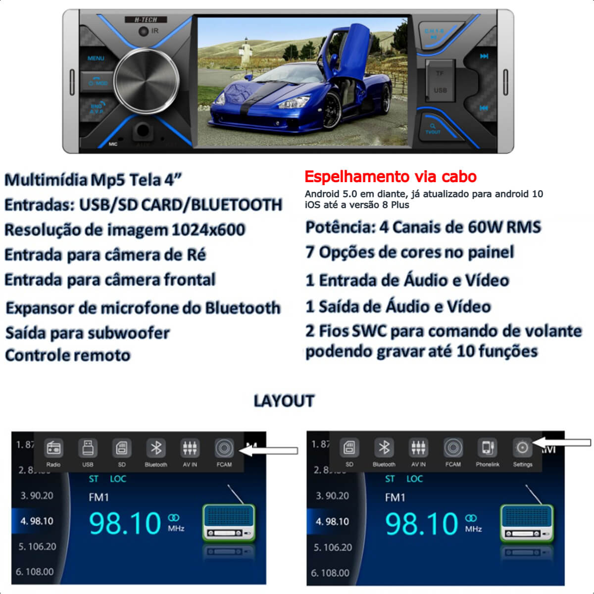 COMP Som automotivo Multimídia MP5 1 Din 4pol USB SD BT Espelhamento Via cabo Com controle + Câmera de Ré Borboleta