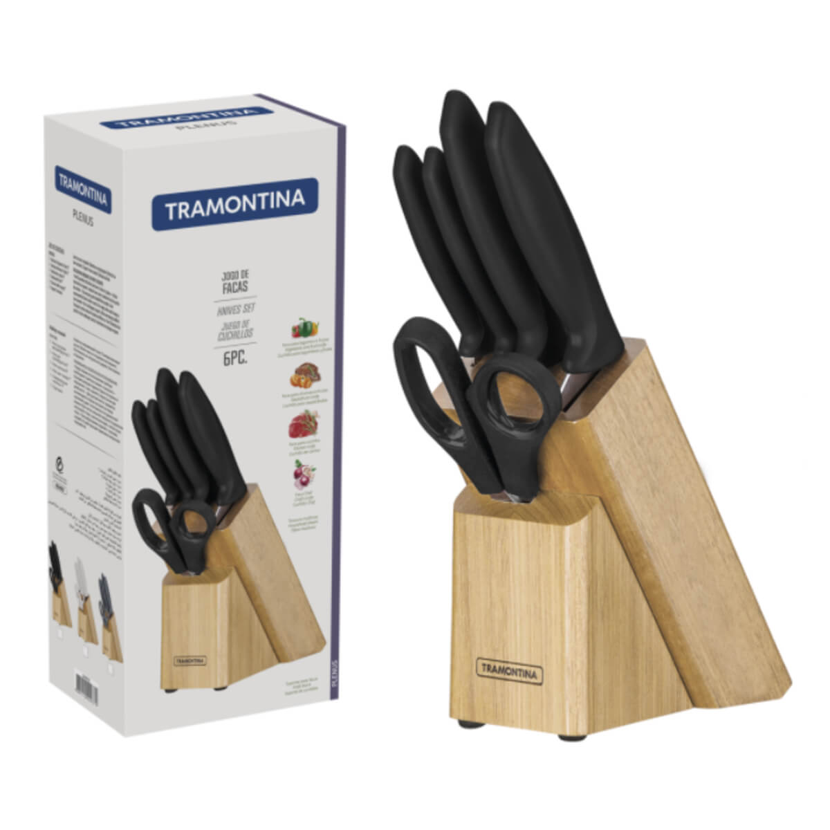 Jogo de Facas Tramontina Plenus Inox/Polipropileno com Suporte de Madeira 6 Peças 23498015