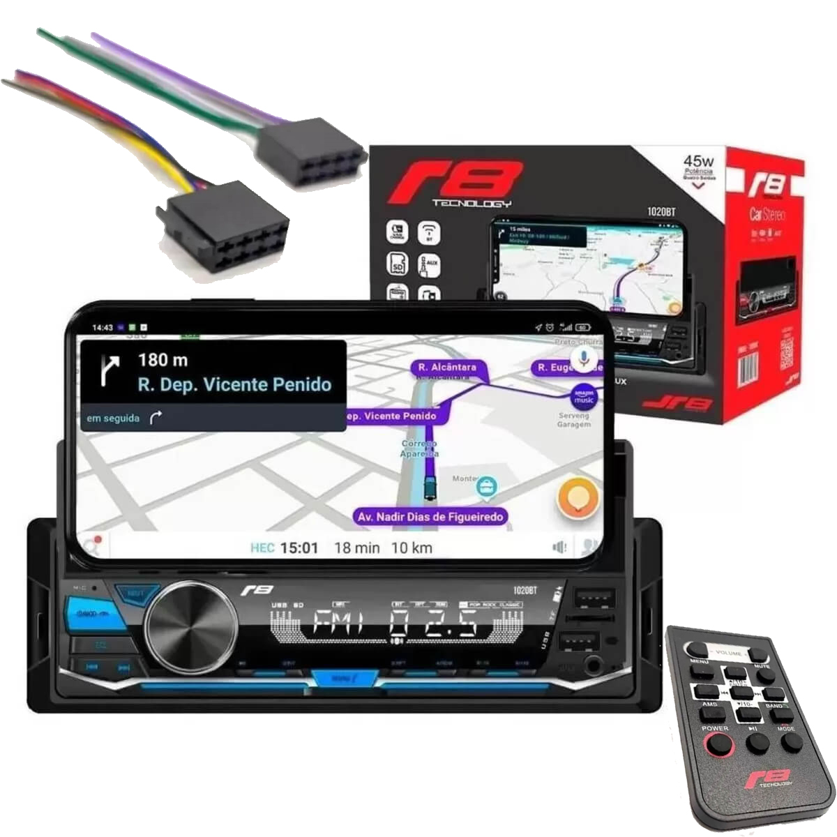 Som Automotivo Auto Radio JR8 com Suporte para Celular USB / SD / Bluetooth - 1020BT
