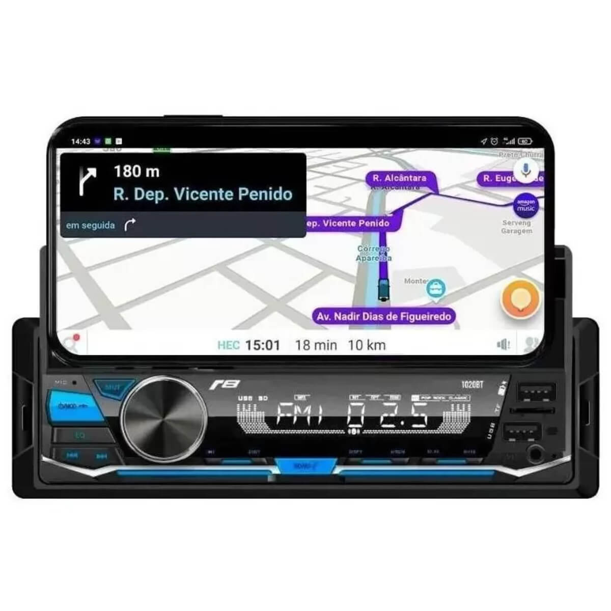 Som Automotivo Auto Radio JR8 com Suporte para Celular USB / SD / Bluetooth - 1020BT