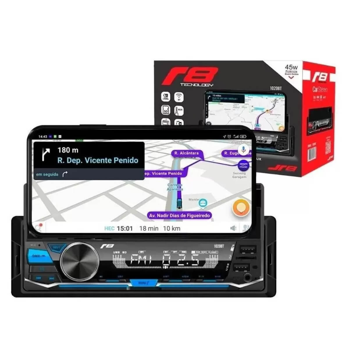 Som Automotivo Auto Radio JR8 com Suporte para Celular USB / SD / Bluetooth - 1020BT
