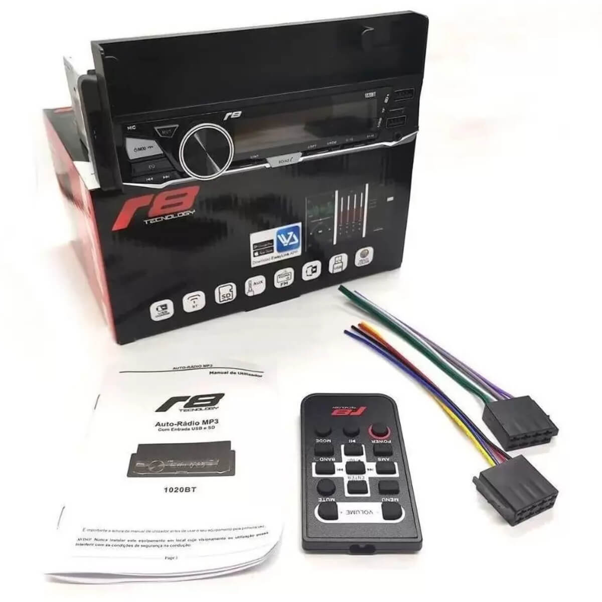 Som Automotivo Auto Radio JR8 com Suporte para Celular USB / SD / Bluetooth - 1020BT