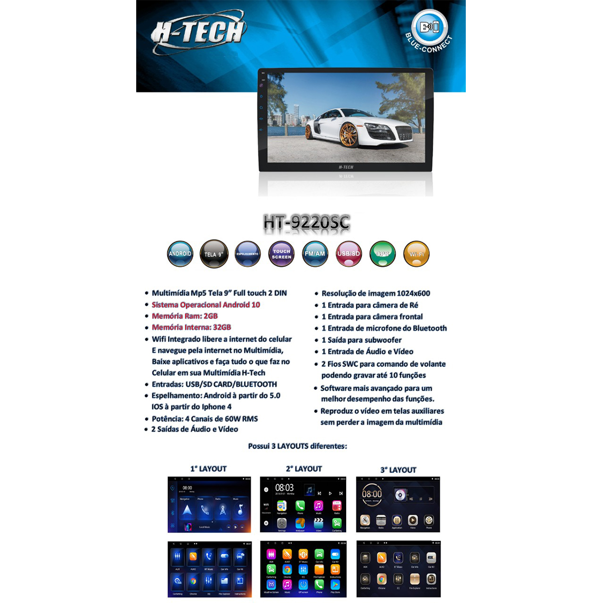Central Multimídia 2 Din Android 10 MP5 9 Pol HT-9220SC WiFi GPS Android s/ Controle Remoto H-Tech