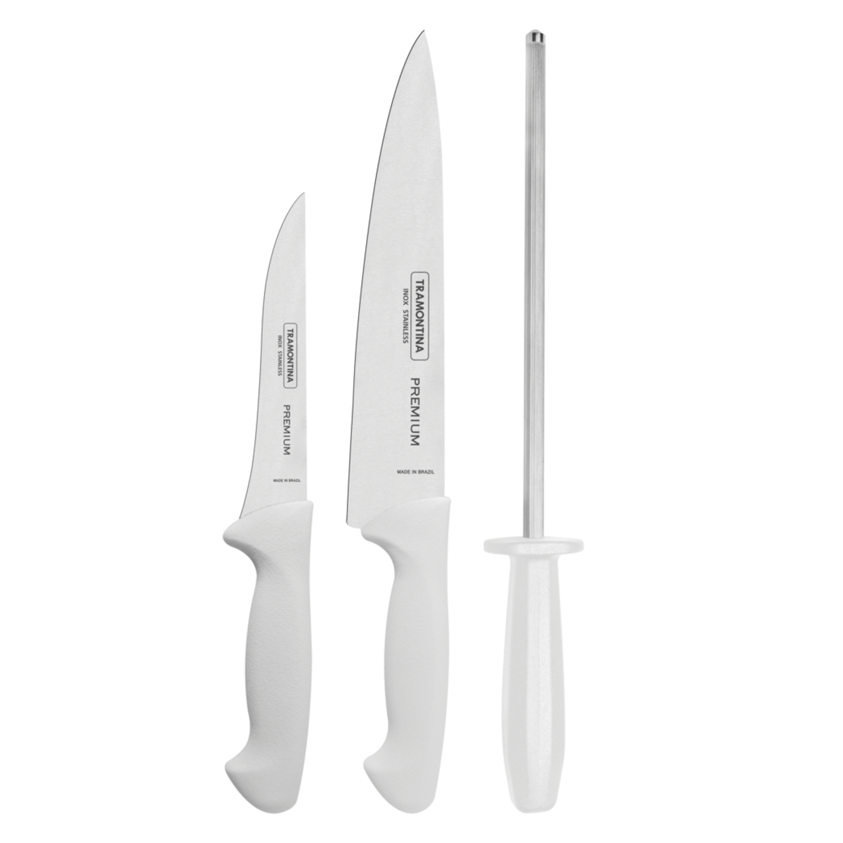 Jogo Facas Tramontina Premium Lâminas Inox e Cabos Branco com Afiador Chaira 3 Peças - 24499812
