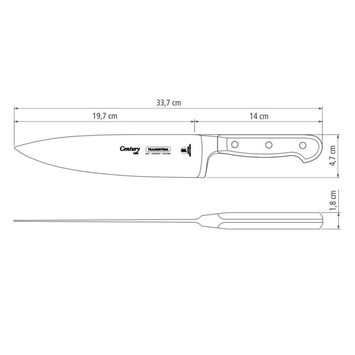 Faca Chef Tramontina Century em Aço Inox e Cabo de Policarbonato com Fibra de Vidro 8" - 24011108