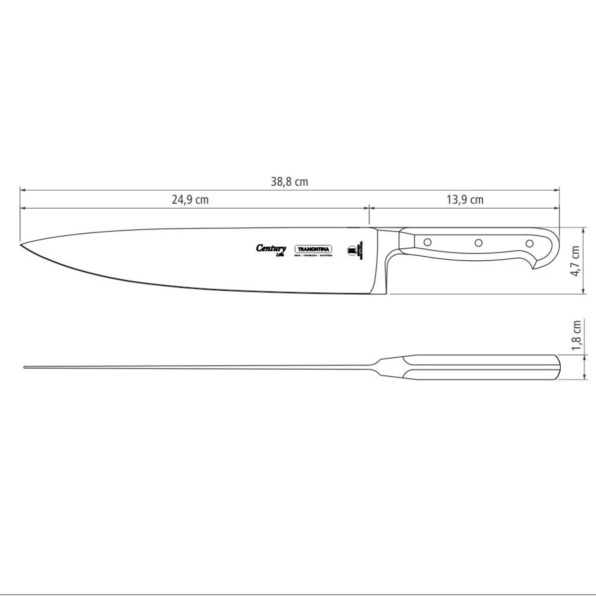 Faca Chef 10" Century em Aço Inox e Cabo de Policarbonato com Fibra de Vidro Tramontina - 24011110