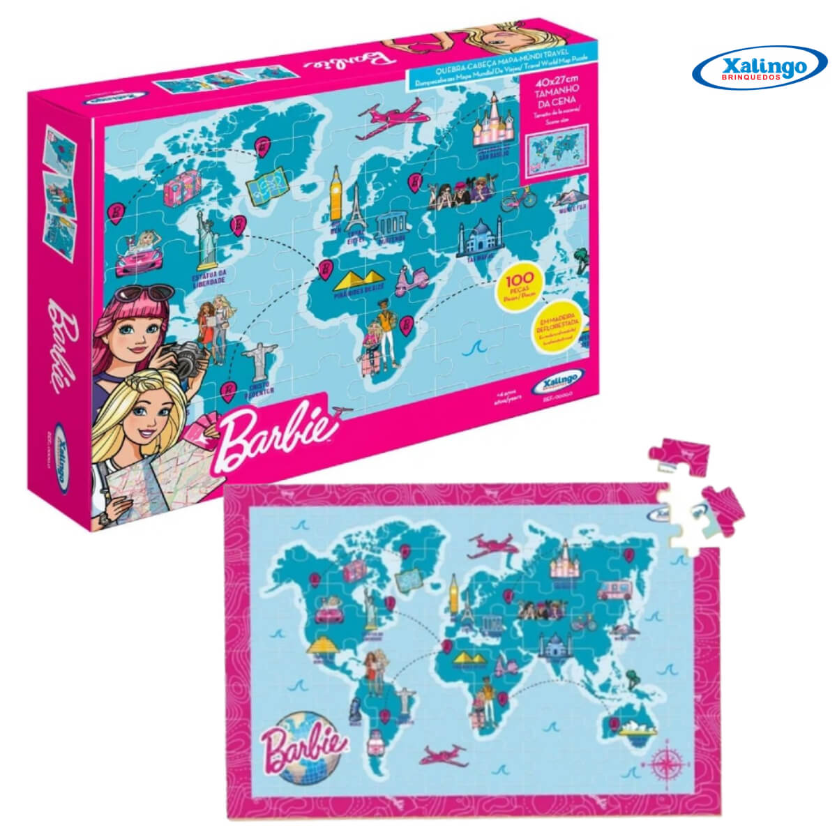 Brinquedo Quebra-Cabeça Mapa-Mundi Travel Barbie 100 Peças Xalingo - 2316.5