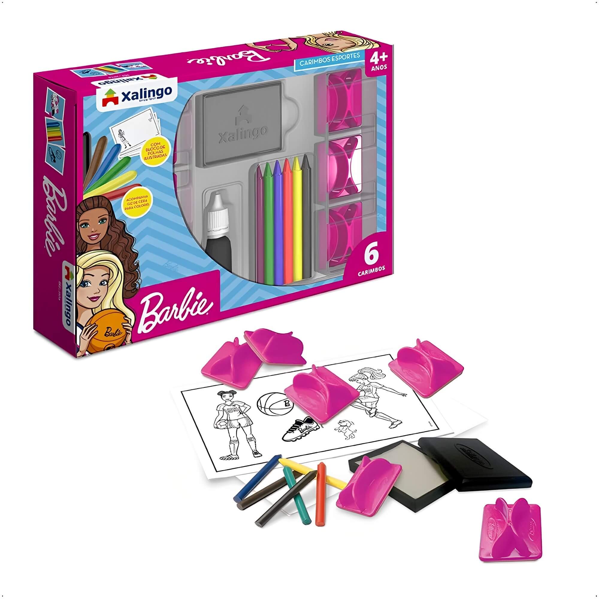 Brinquedo Infantil Carimbo dos Esportes Barbie 6 Carimbos Giz de Cera Bloco Papel Xalingo 2317.6