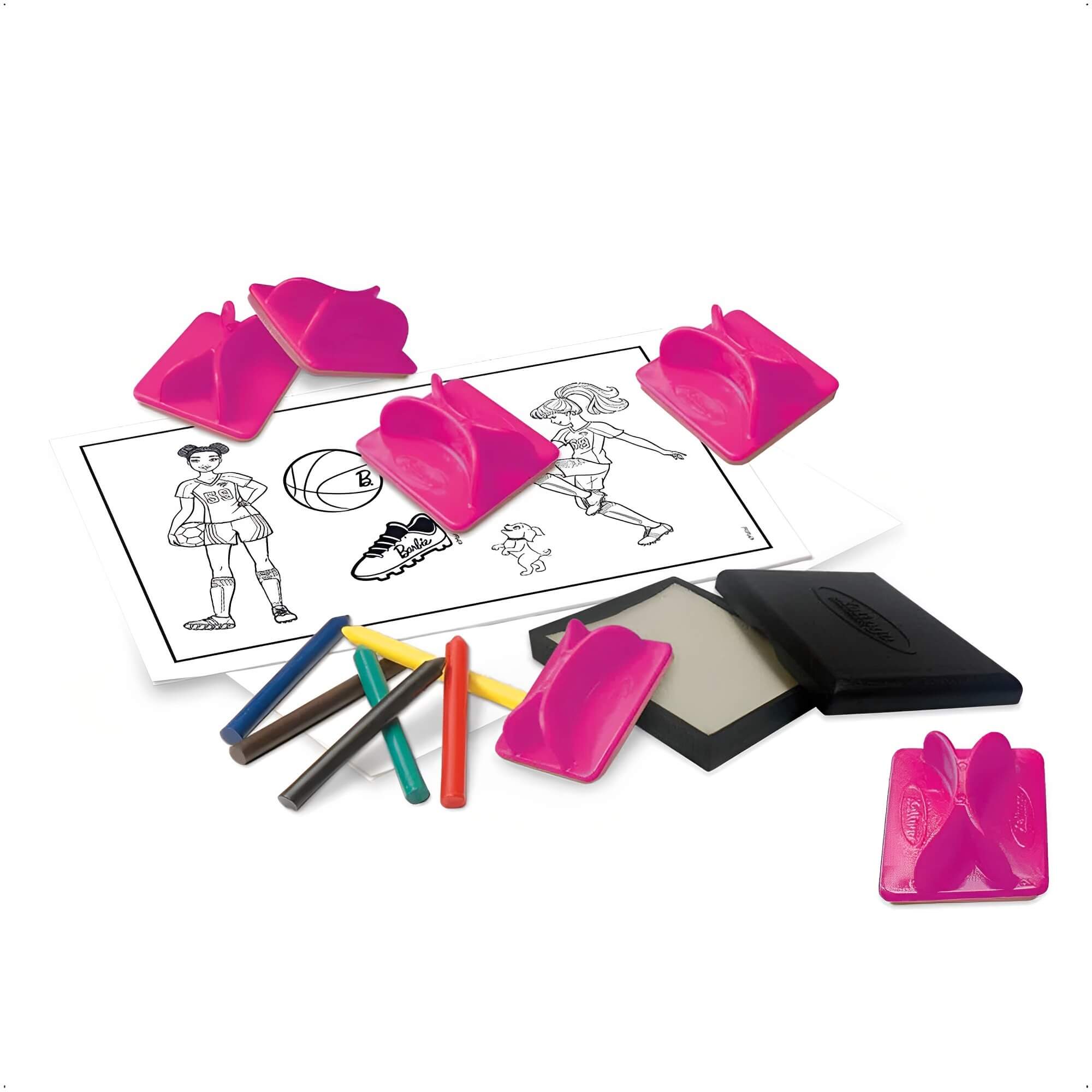 Brinquedo Infantil Carimbo dos Esportes Barbie 6 Carimbos Giz de Cera Bloco Papel Xalingo 2317.6