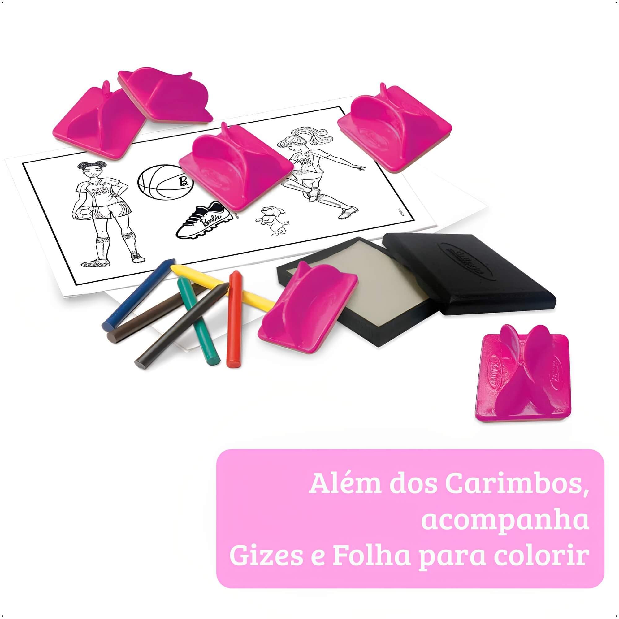 Brinquedo Infantil Carimbo dos Esportes Barbie 6 Carimbos Giz de Cera Bloco Papel Xalingo 2317.6