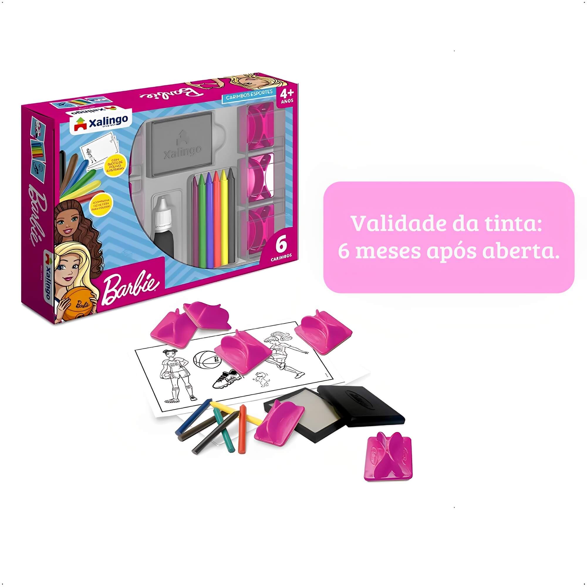 Brinquedo Infantil Carimbo dos Esportes Barbie 6 Carimbos Giz de Cera Bloco Papel Xalingo 2317.6