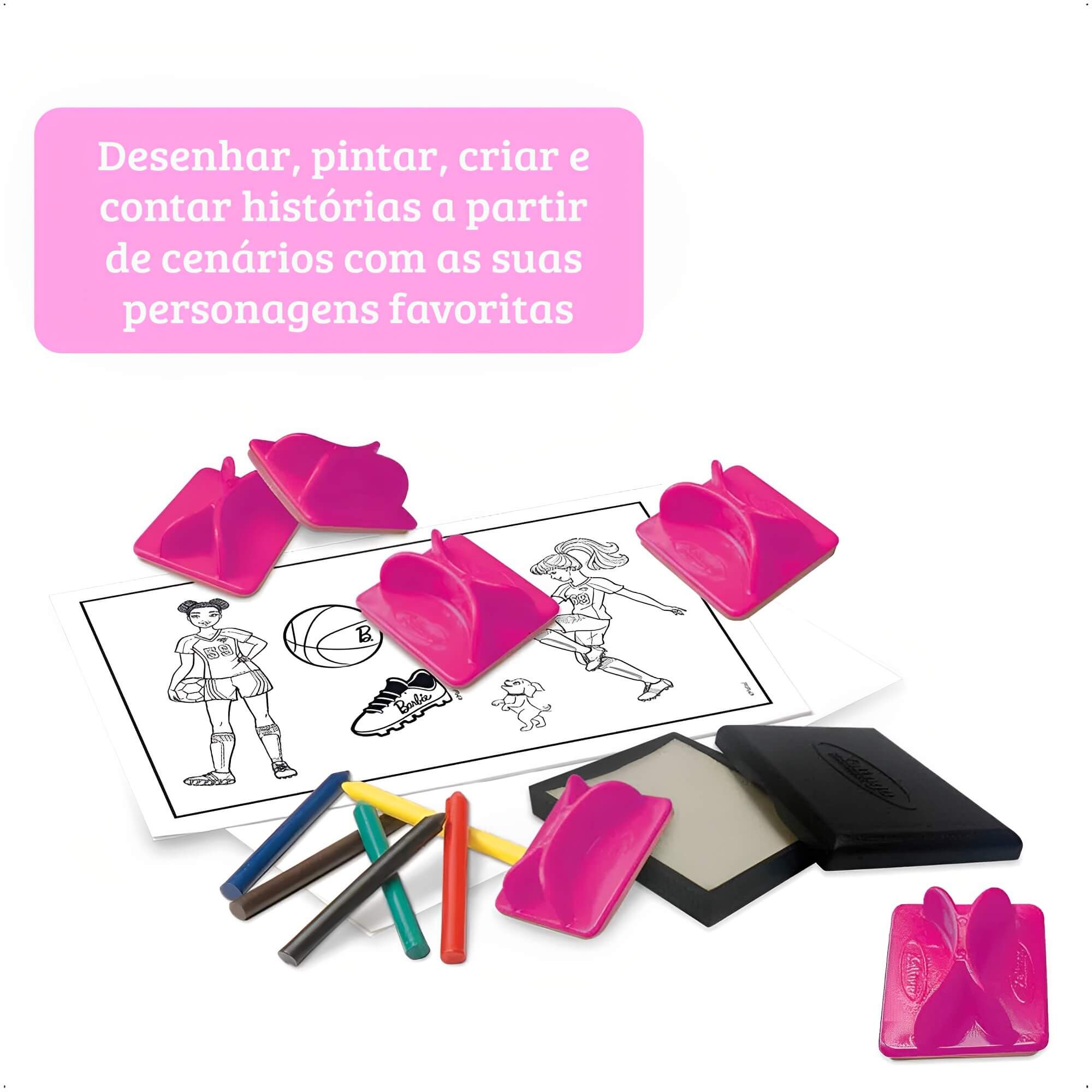 Brinquedo Infantil Carimbo dos Esportes Barbie 6 Carimbos Giz de Cera Bloco Papel Xalingo 2317.6