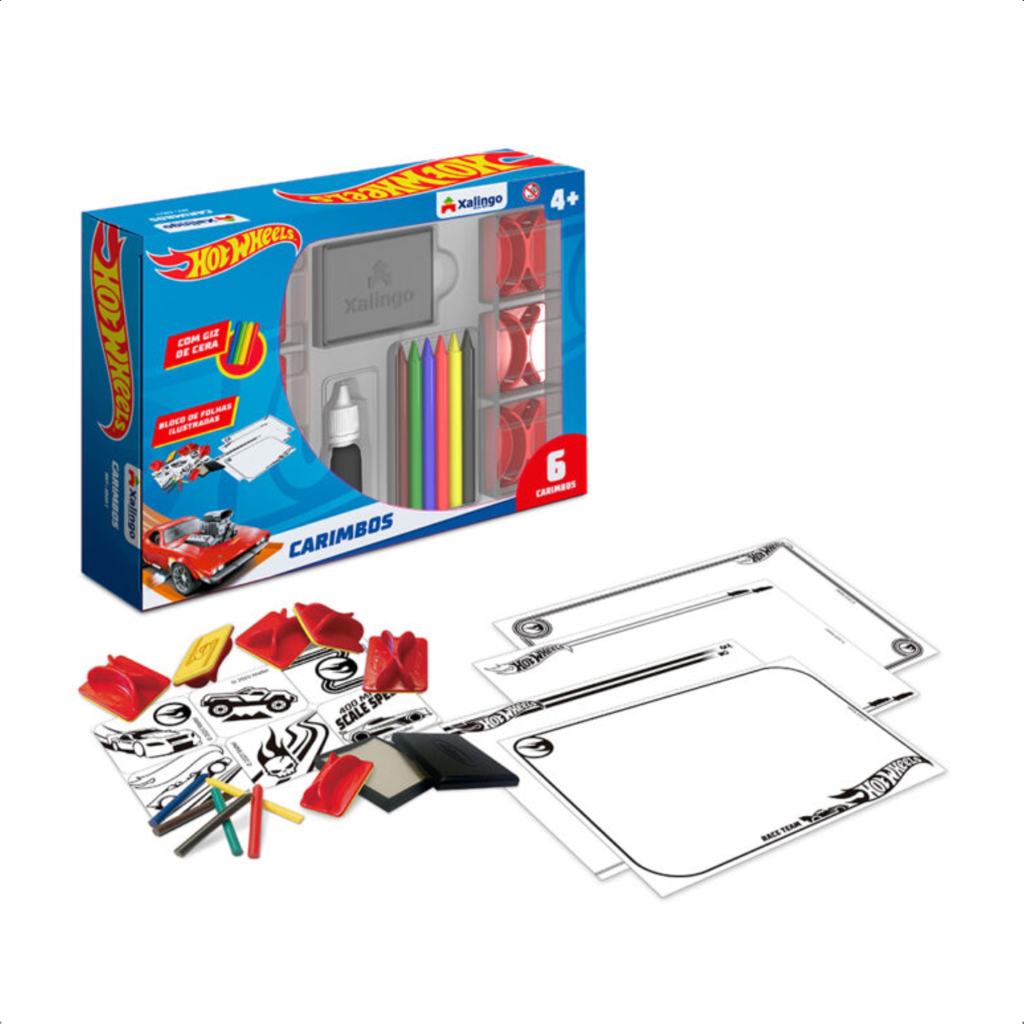 Brinquedo Infantil Carimbos Hot Wheels 6 Carimbos Giz de Cera Bloco de Papel Xalingo - 2322.1