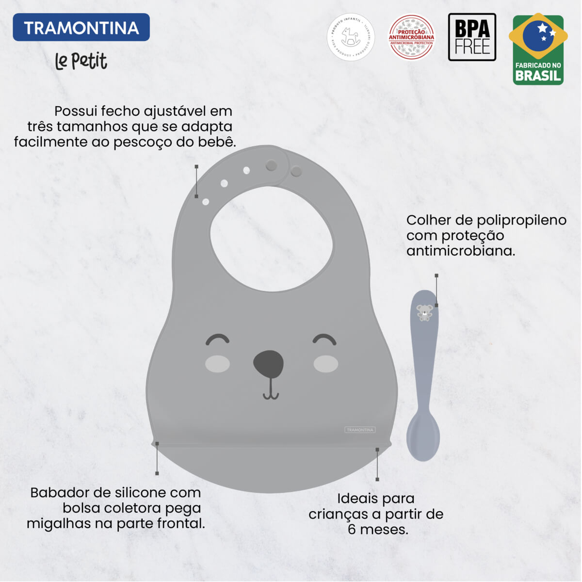 Kit Babador e Colher Infantil Tramontina Le Petit Cinza 2 Peças - 23797604