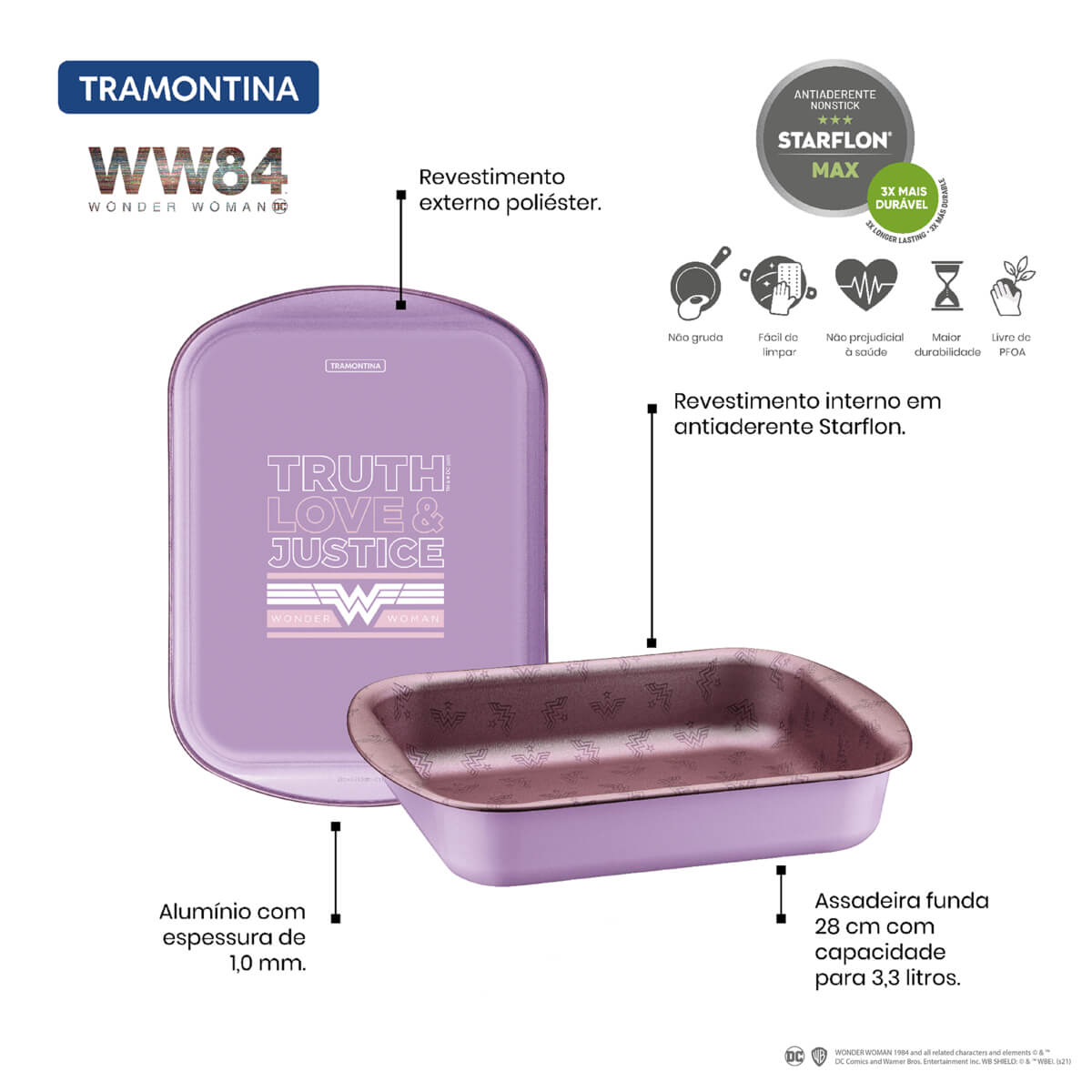 Assadeira Funda Mulher-Maravilha 1984 em Alumínio Antiaderente Roxo 28cm 3,3L Tramontina - 27813070