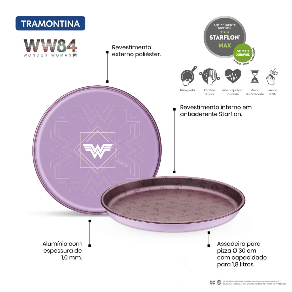 Assadeira Tramontina Mulher-Maravilha 1984 Alumínio e Externo Poliéster Roxo 30CM 1,8L 27813071