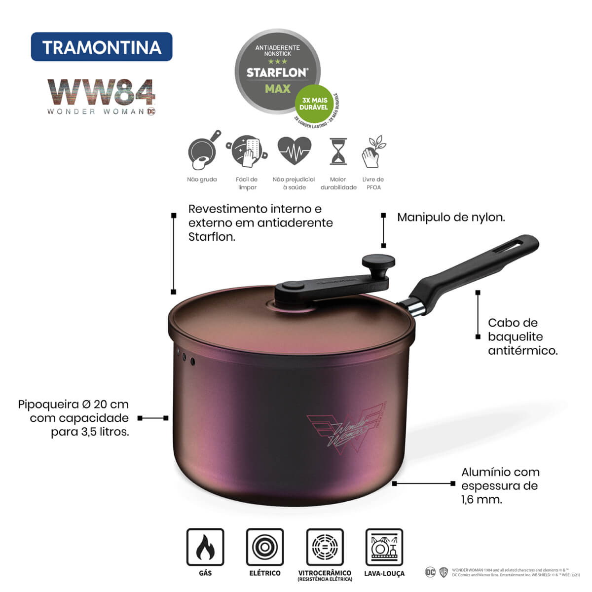Pipoqueira Tramontina Mulher-Maravilha 1984 Alumínio Antiaderente Starflon Max 20cm 3,5L 27813079