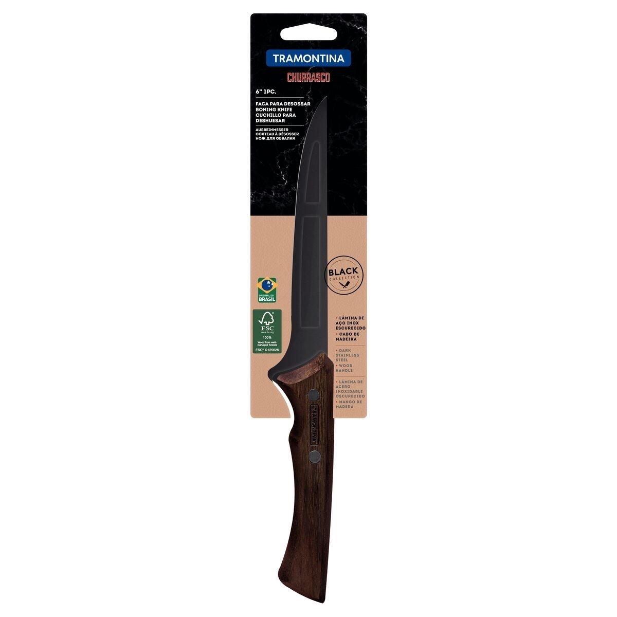 Faca Desossar 6" Churrasco Black Lâmina Inox Escurecido e Cabo de Madeira Tramontina - 22840106