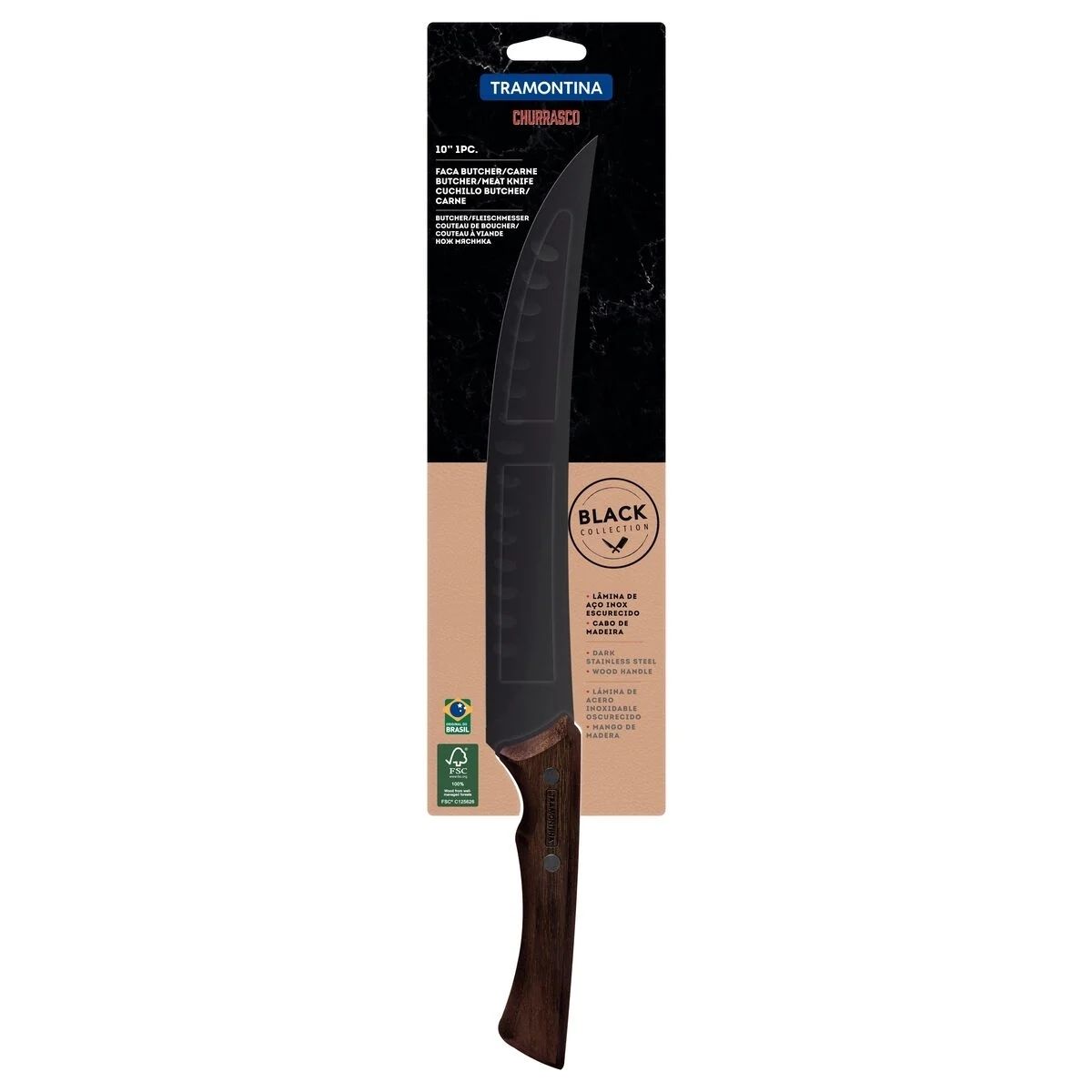 Faca Carne 10" Churrasco Black com Lâmina Inox Escurecido e Cabo de Madeira Tramontina - 22841110