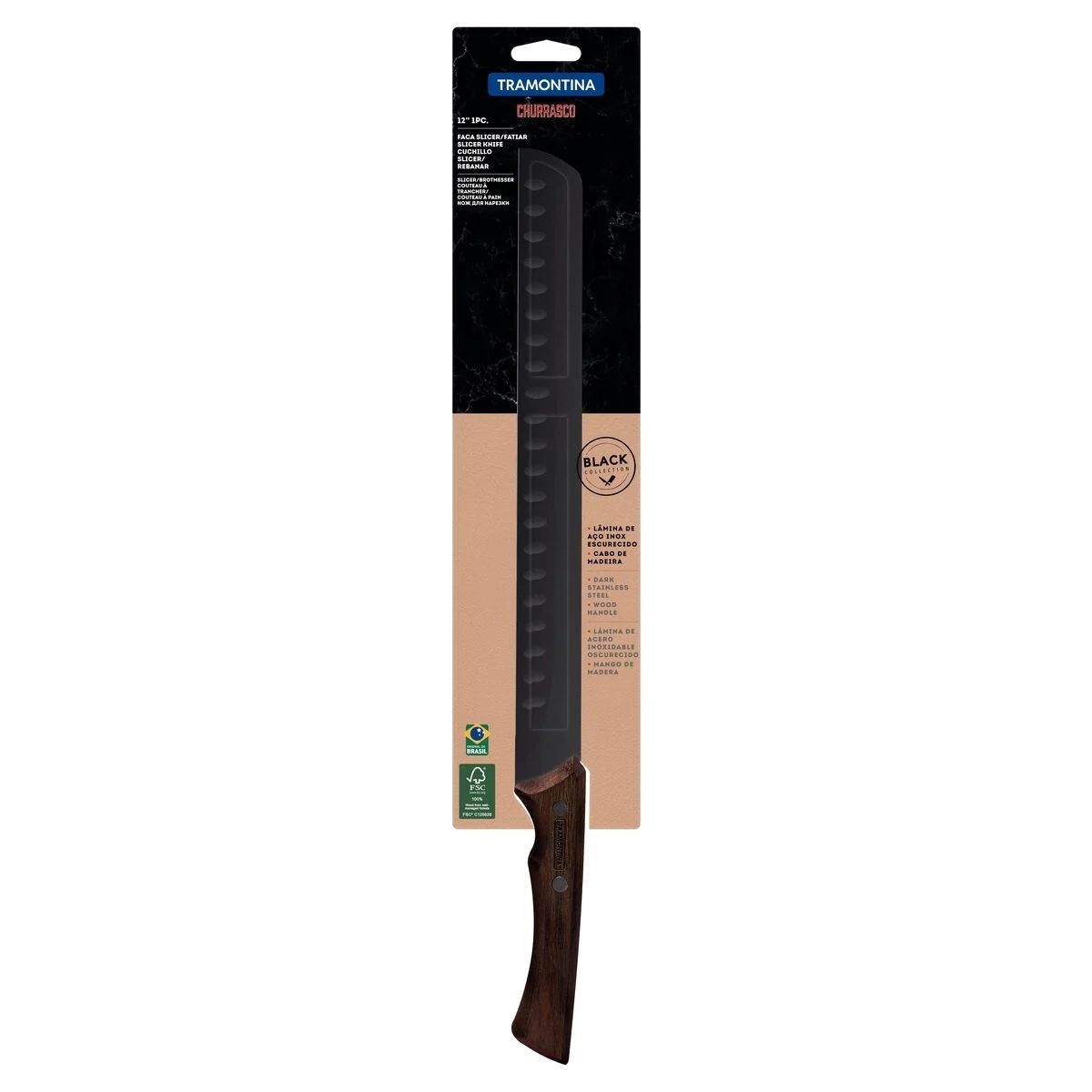 Faca Fatiar Tramontina Churrasco Black Lâmina Aço Inox Escurecido e Cabo de Madeira 12" 22842112