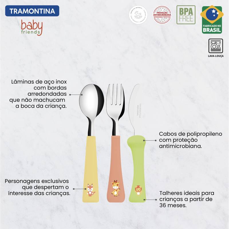Jogo de Talheres Infantil Baby Friends Inox e Polipropileno 3 Peças Tramontina - 23797906