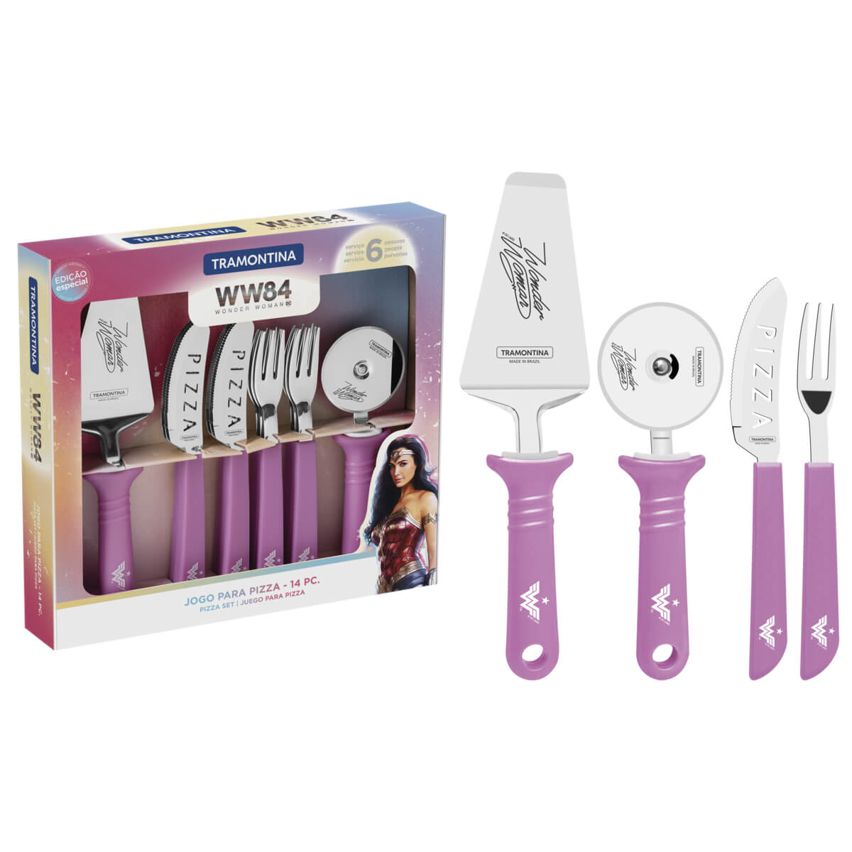 Jogo Pizza Tramontina Mulher-Maravilha 1984 Inox Cabos de Polipropileno Magenta 14 Pçs 29899050