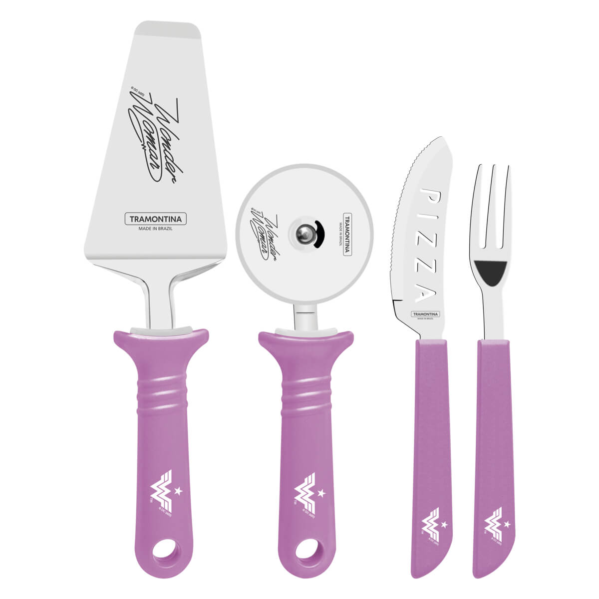 Jogo Pizza Tramontina Mulher-Maravilha 1984 Inox Cabos de Polipropileno Magenta 14 Pçs 29899050