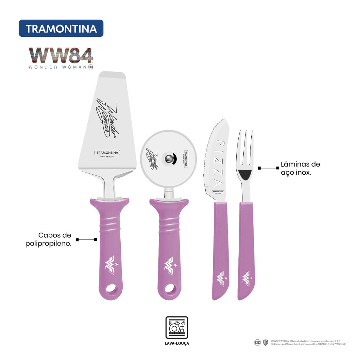 Jogo Pizza Tramontina Mulher-Maravilha 1984 Inox Cabos de Polipropileno Magenta 14 Pçs 29899050