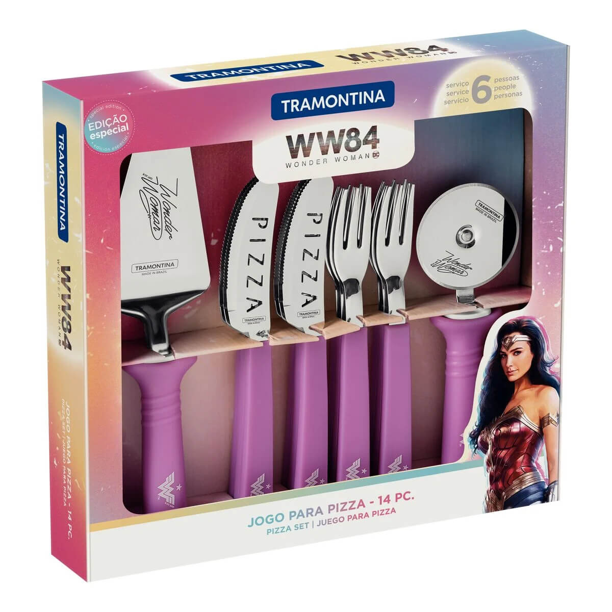 Jogo Pizza Tramontina Mulher-Maravilha 1984 Inox Cabos de Polipropileno Magenta 14 Pçs 29899050