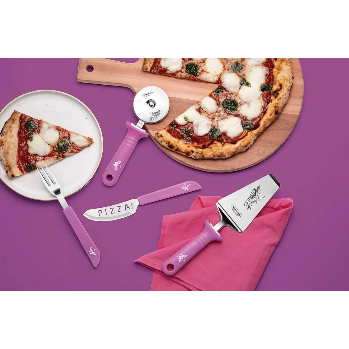 Jogo Pizza Tramontina Mulher-Maravilha 1984 Inox Cabos de Polipropileno Magenta 14 Pçs 29899050