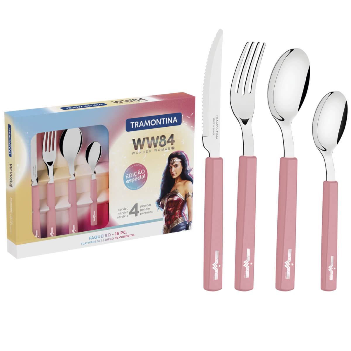Faqueiro Tramontina Mulher-Maravilha 1984 em Aço Inox e Cabos Polipropileno Rose 16 Peças - 29899051