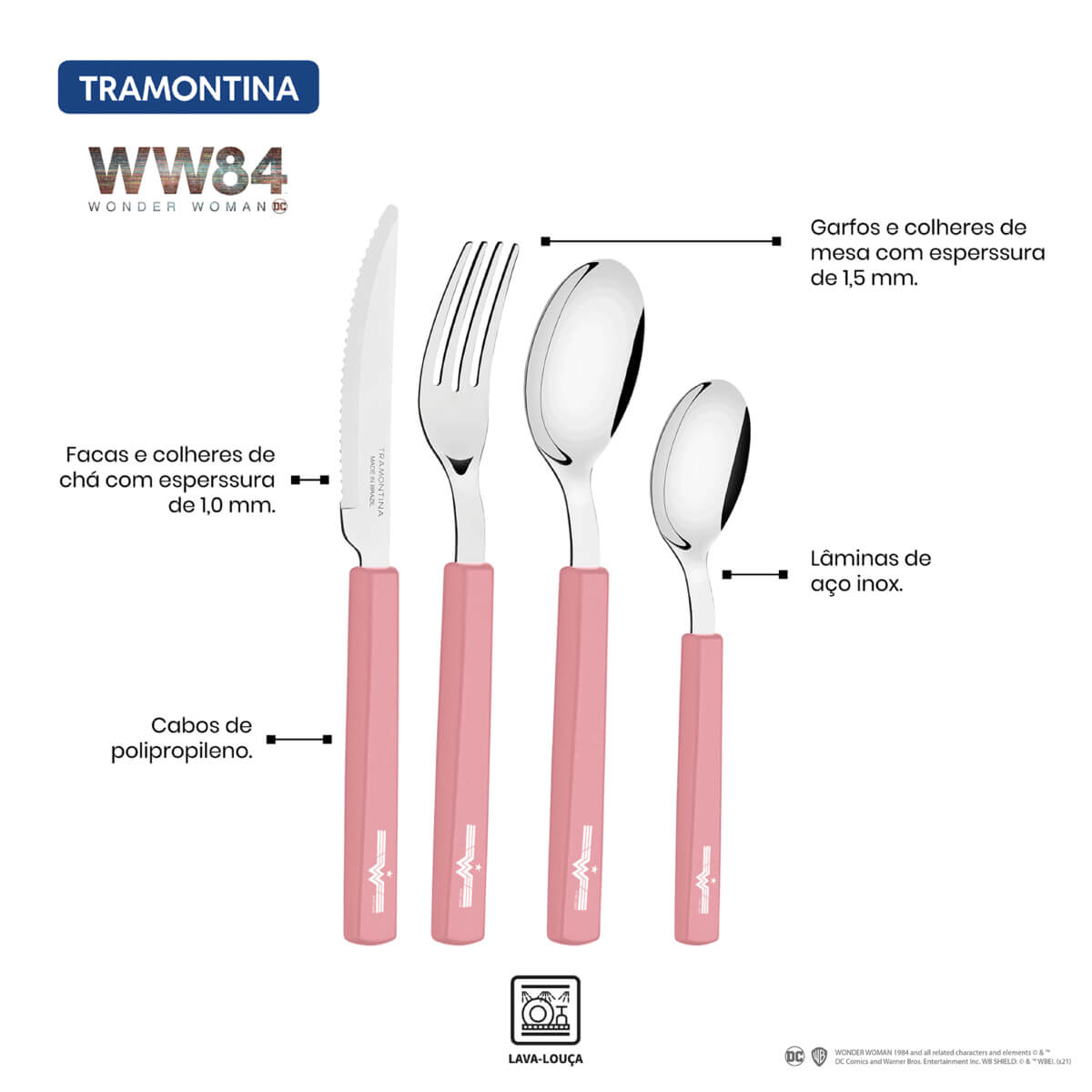 Faqueiro Tramontina Mulher-Maravilha 1984 em Aço Inox e Cabos Polipropileno Rose 16 Peças - 29899051