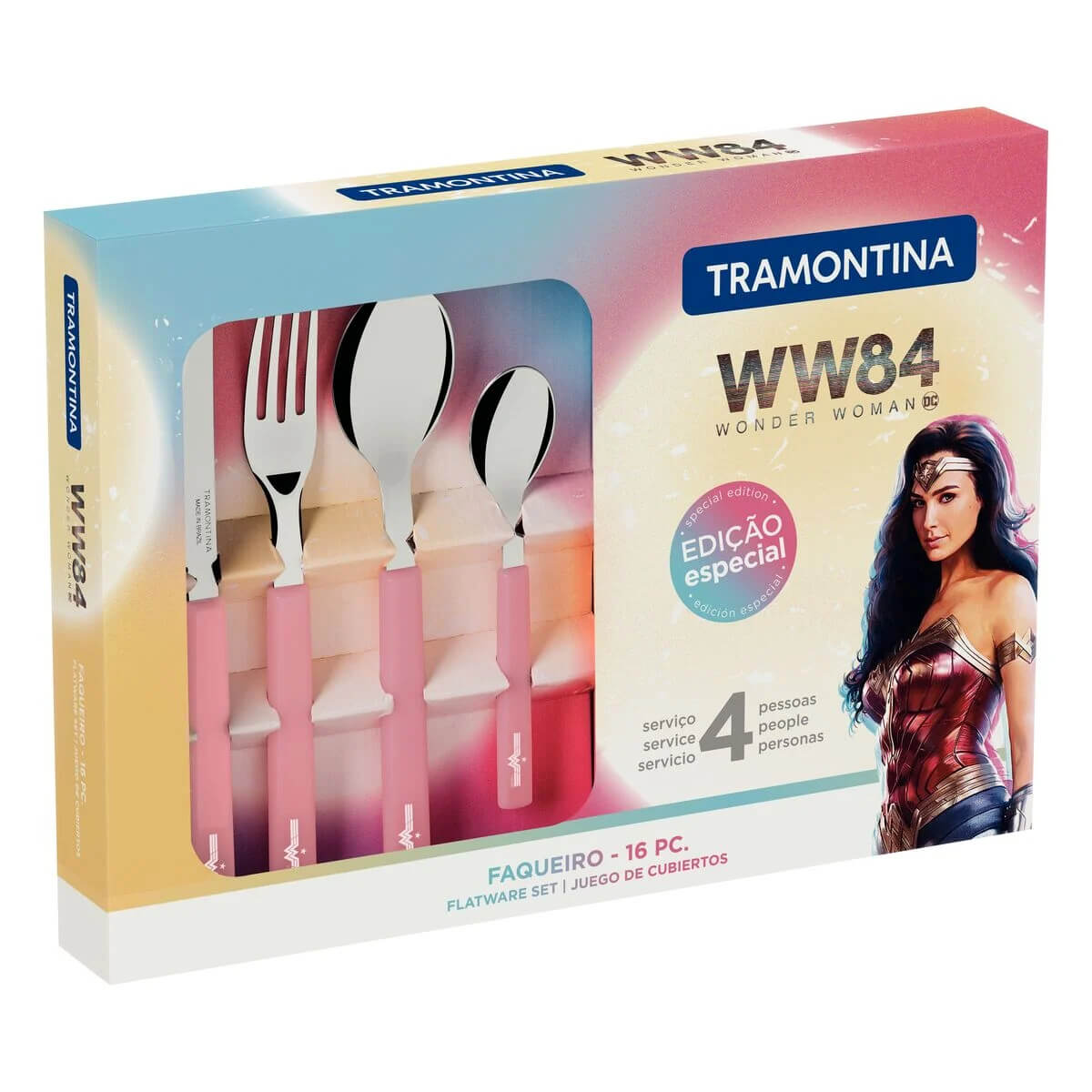 Faqueiro Tramontina Mulher-Maravilha 1984 em Aço Inox e Cabos Polipropileno Rose 16 Peças - 29899051