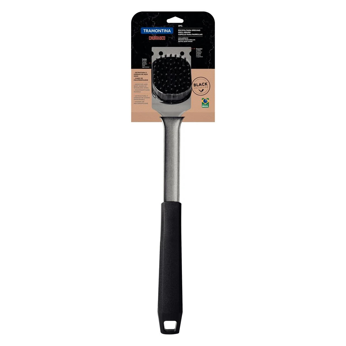 Escova para Grelhas Churrasco em Aço Inox e Cabo Preto com Raspador Tramontina - 26594100