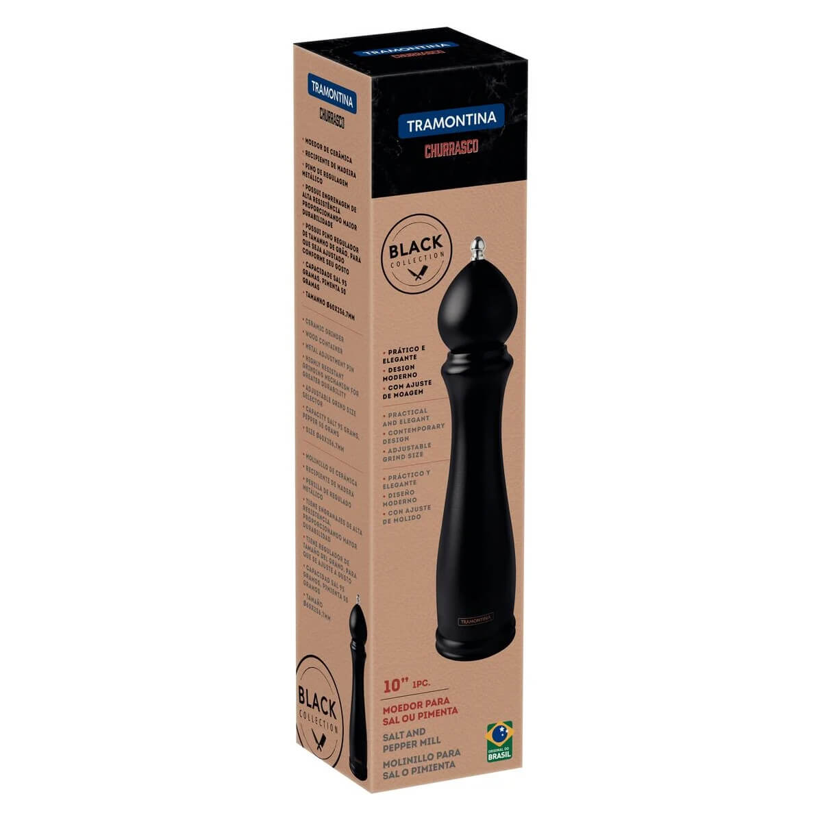 Moedor de Pimenta e Sal Tramontina Churrasco Black em Cerâmica com Recipiente de Madeira 10" - 26456010