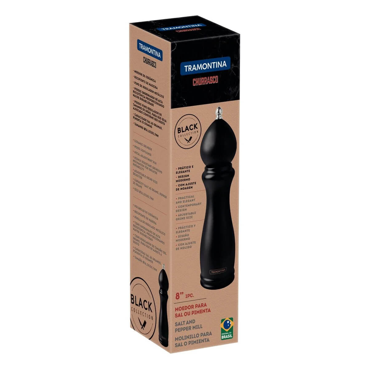 Moedor de Pimenta e Sal Churrasco Black Cerâmica com Recipiente de Madeira 8" Tramontina - 26456008