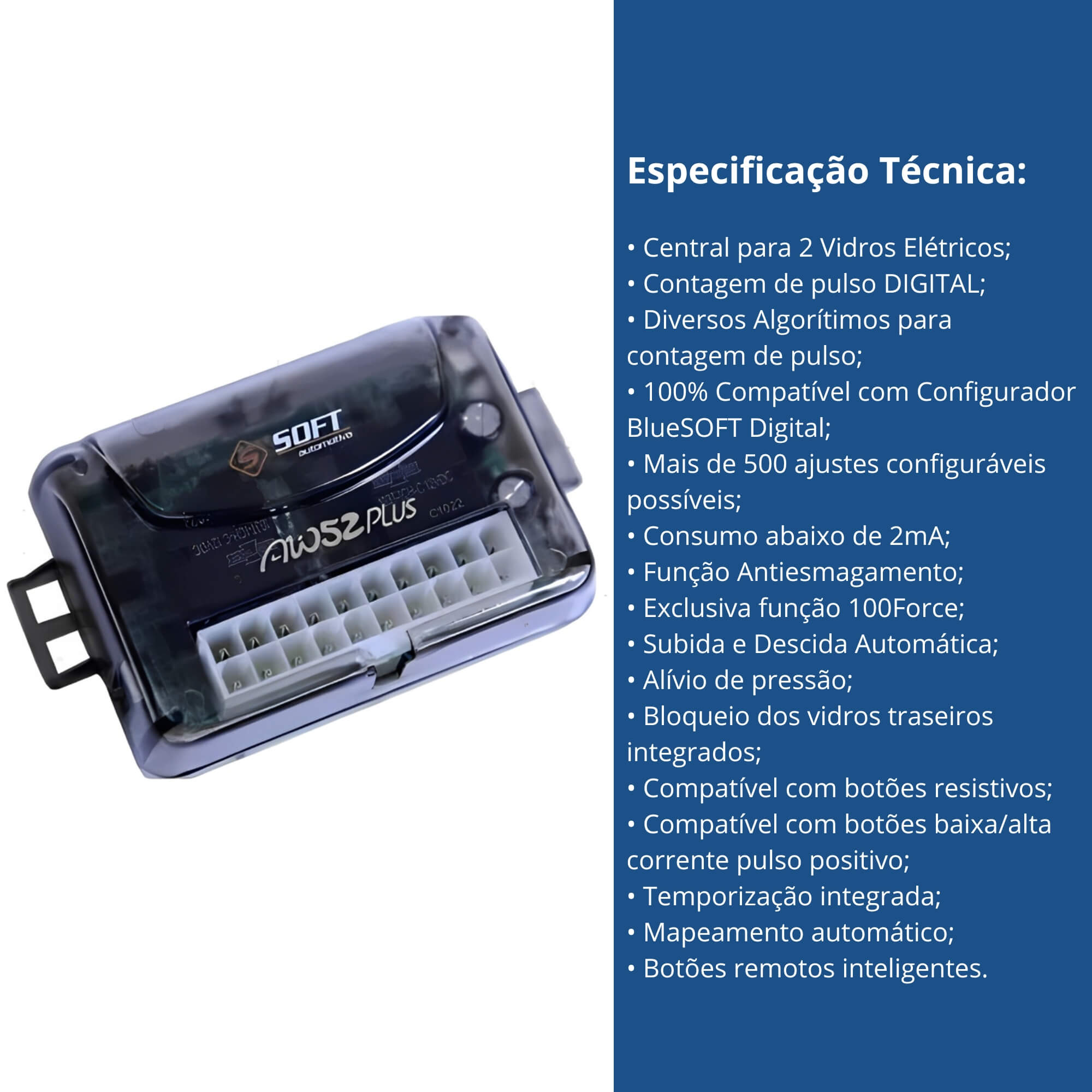 Módulo De Vidro Elétrico Universal 2 Portas Antiesmagamento Digital Soft - AW52 Plus AA.52.0002