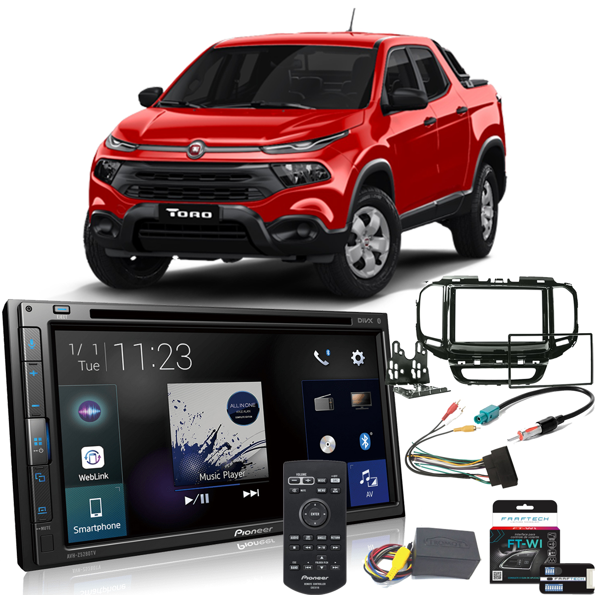 Kit Central Multimidia Fiat Toro 2016 a 2020 AVH-Z5280TV + Moldura 2 din + TCR02 + Interface volante + Chicotes