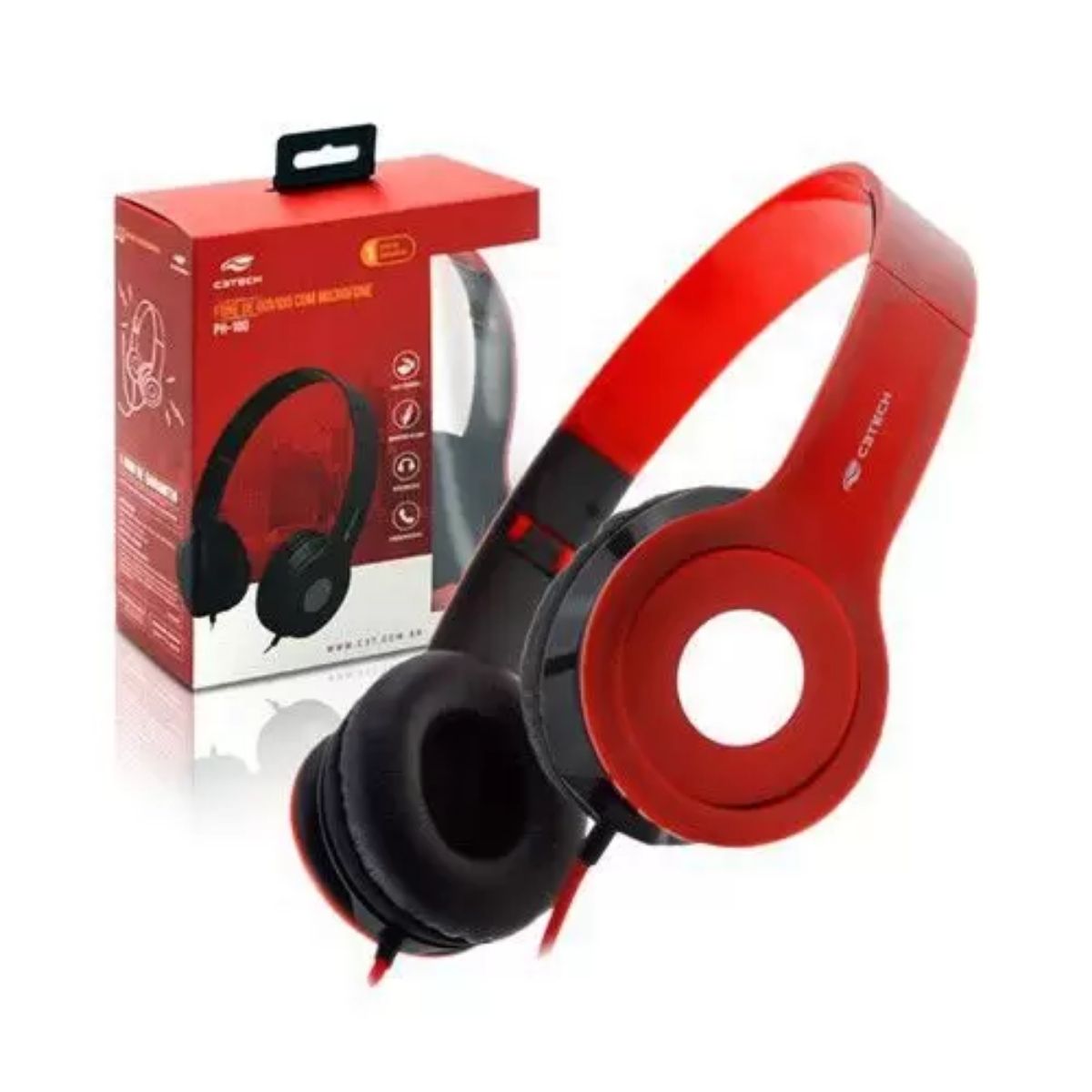 Headset Fone de Ouvido On-Ear Dobrável Com Microfone e Cabo Vermelho C3 Tech - PH-100RD