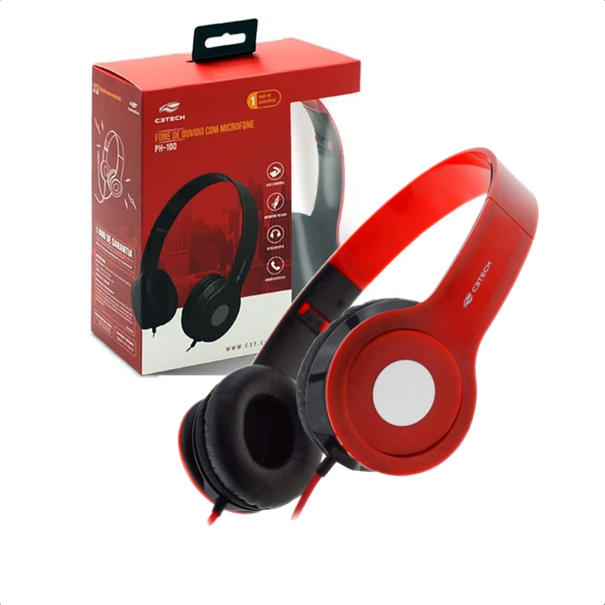 Headset Fone de Ouvido On-Ear Dobrável Com Microfone e Cabo Vermelho C3 Tech - PH-100RD