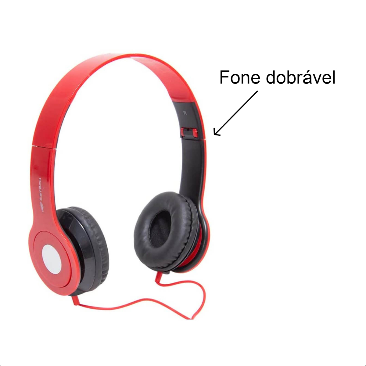 Headset Fone de Ouvido On-Ear Dobrável Com Microfone e Cabo Vermelho C3 Tech - PH-100RD