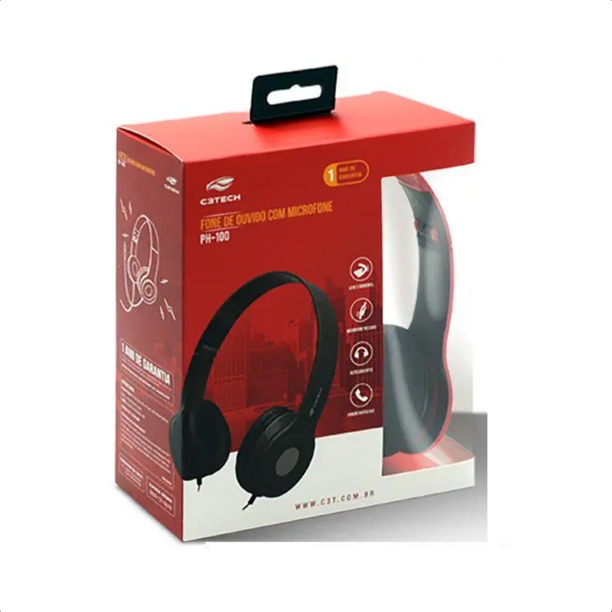 Headset Fone de Ouvido On-Ear Dobrável Com Microfone e Cabo Vermelho C3 Tech - PH-100RD